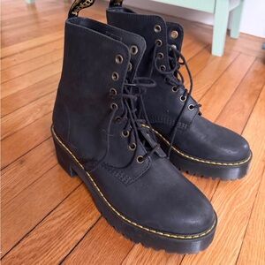 Dr. Martens Black Lace-Up Platform Boots with Yellow Stitching